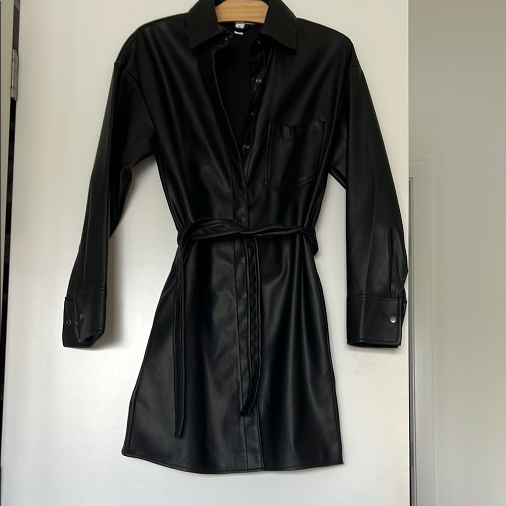 🖤 Black Faux Leather Shirt Coat Dress